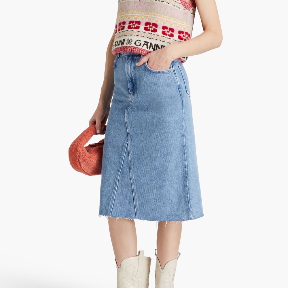 NWT Ganni Frayed Skirt 38 Women's Blue Denim Skirt